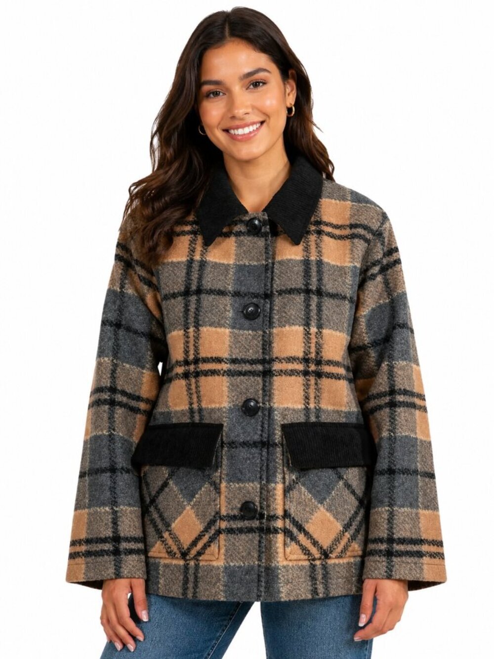 Pendleton Womens Barn Coat XL Tan Plaid Wool Blend Button Front Pockets Jacket